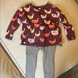 Duck Print Long Sleeve Top and Striped Leggings Set